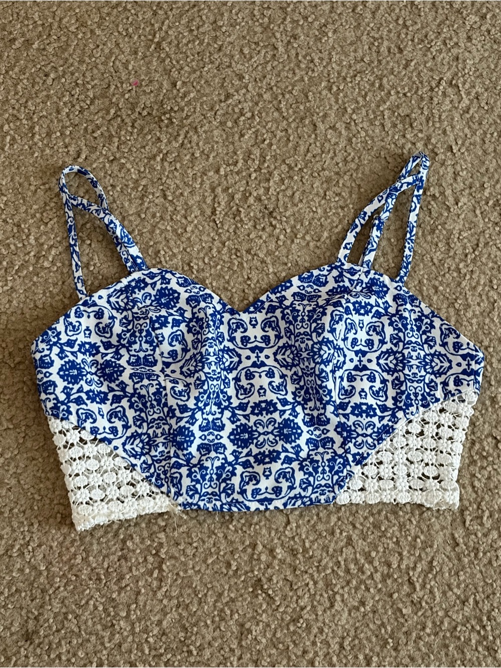 Blue & White Printed Crochet-Trim Crop Top